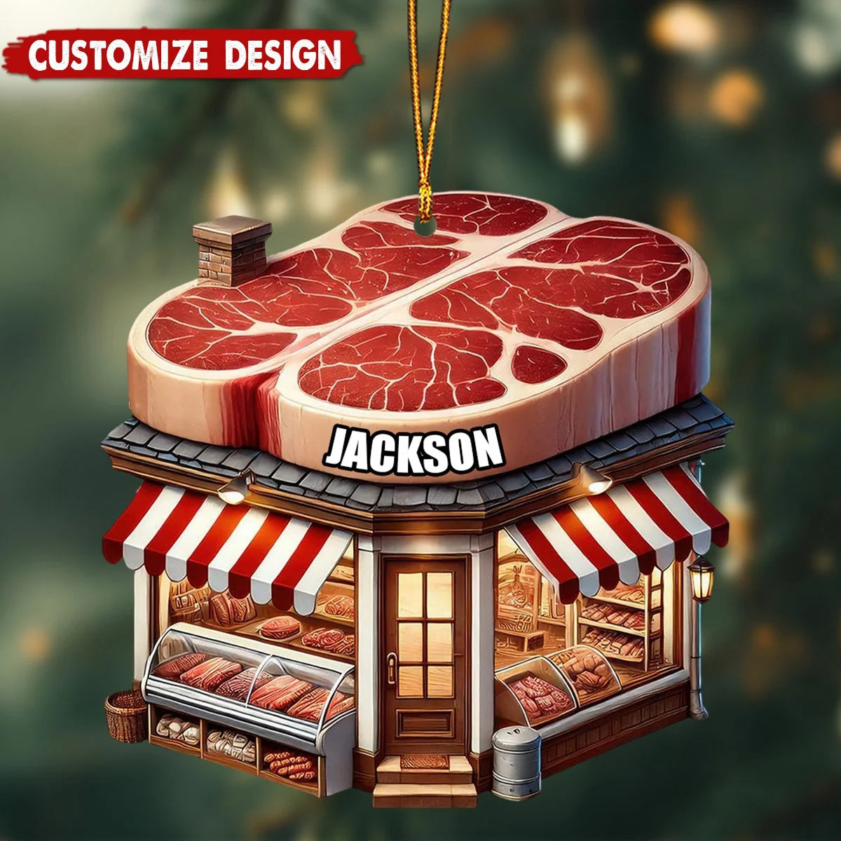 Personalized Butcher Shop Christmas Wooden Ornament - Custom Name Holiday Keepsake for Meat Lovers