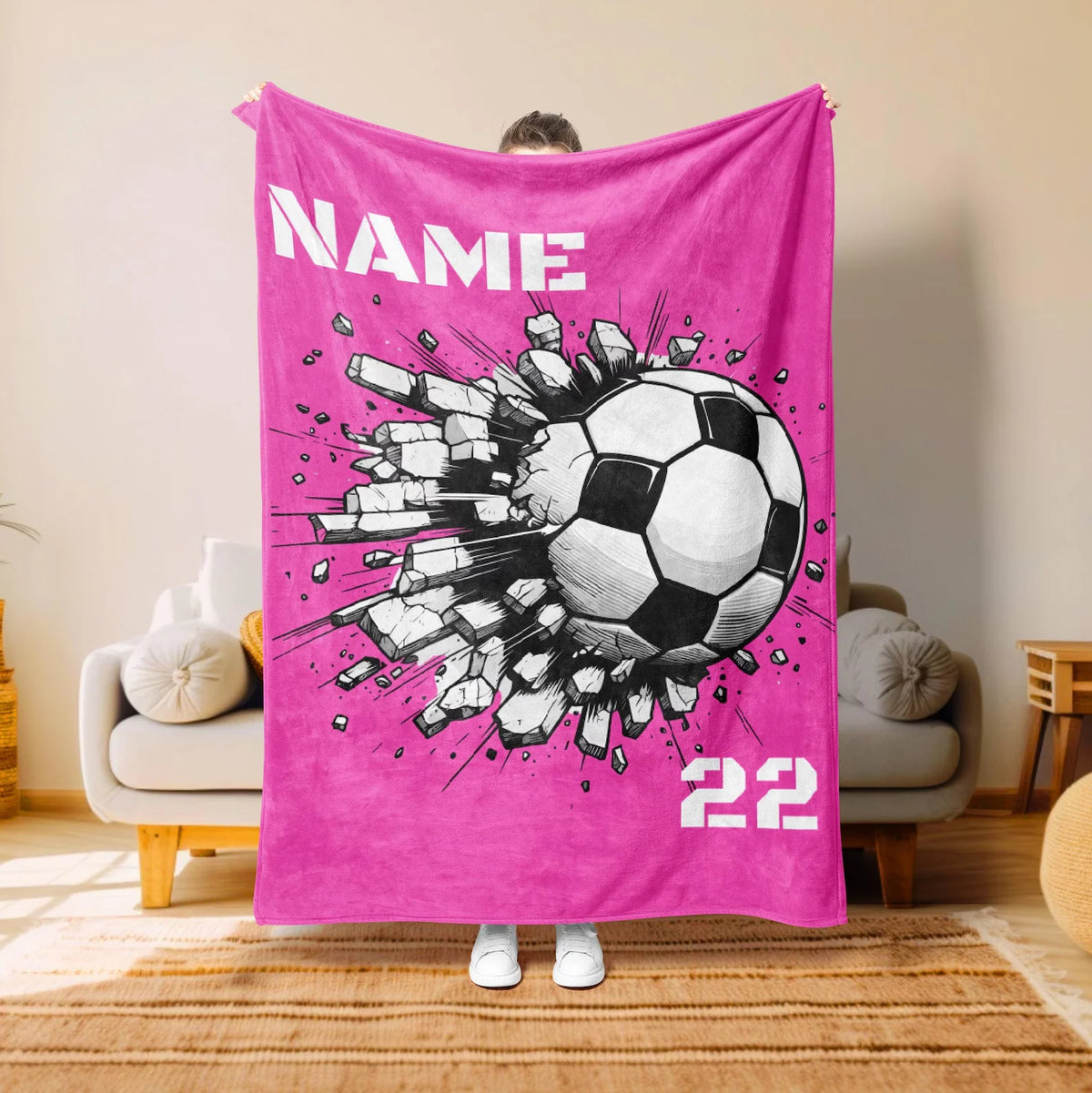 Custom Name & Number Soccer Blanket - Personalized Birthday Gift for Kids & Youth Players