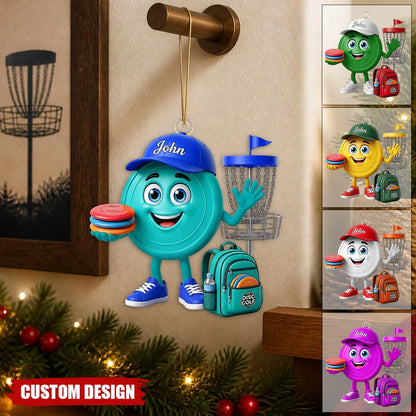 Cute Disc Golf Mascot Personalized Acrylic Ornament - Custom Player Holiday Keepsake Gift