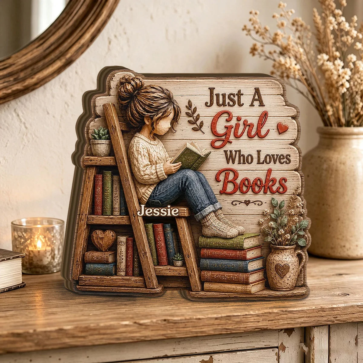 "Just A Girl Who Loves Books" Personalized Wooden Block - Custom Book Lover Gift