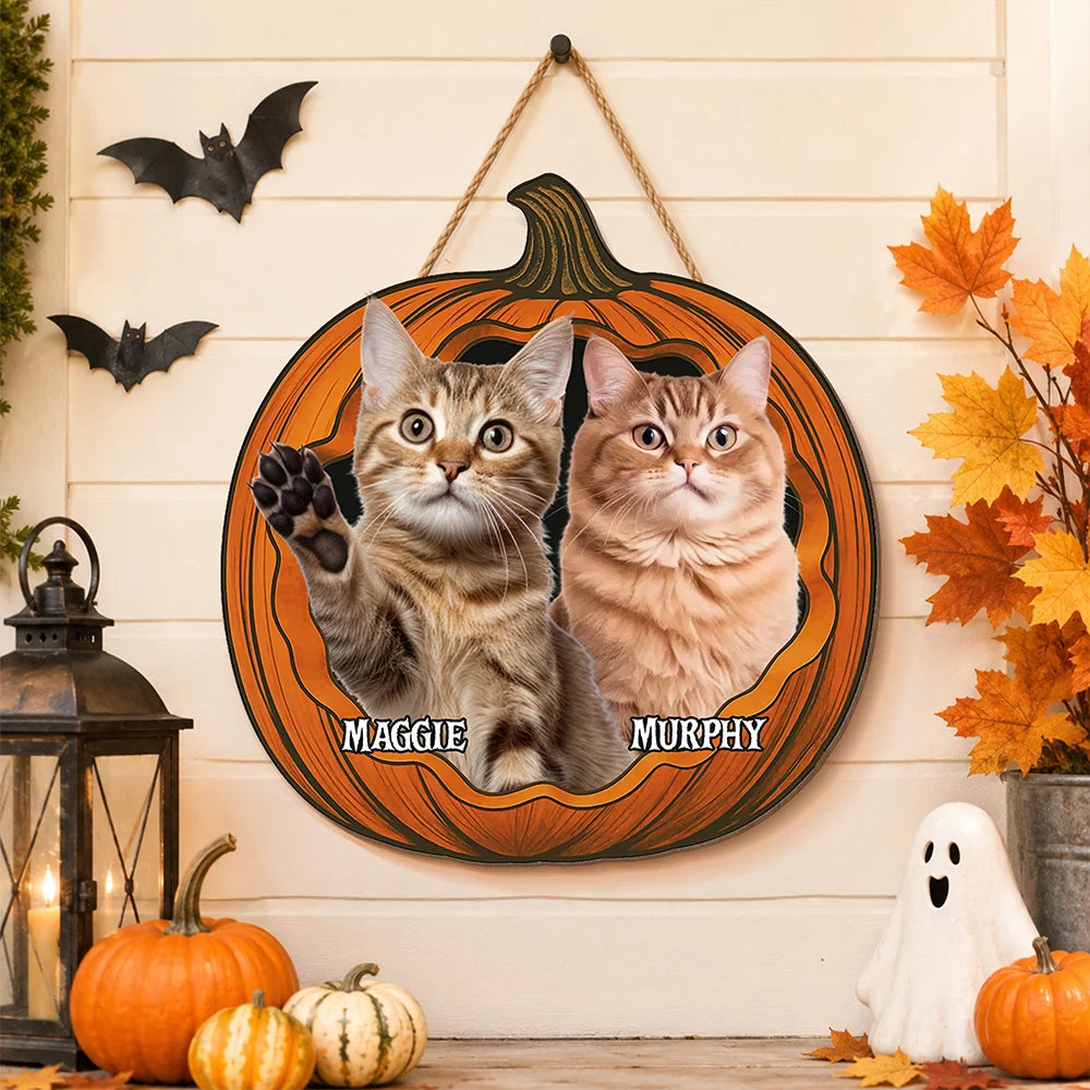 Custom Photo Pumpkin Halloween Pet Wood Door Sign - Personalized Dog & Cat Decor Gift