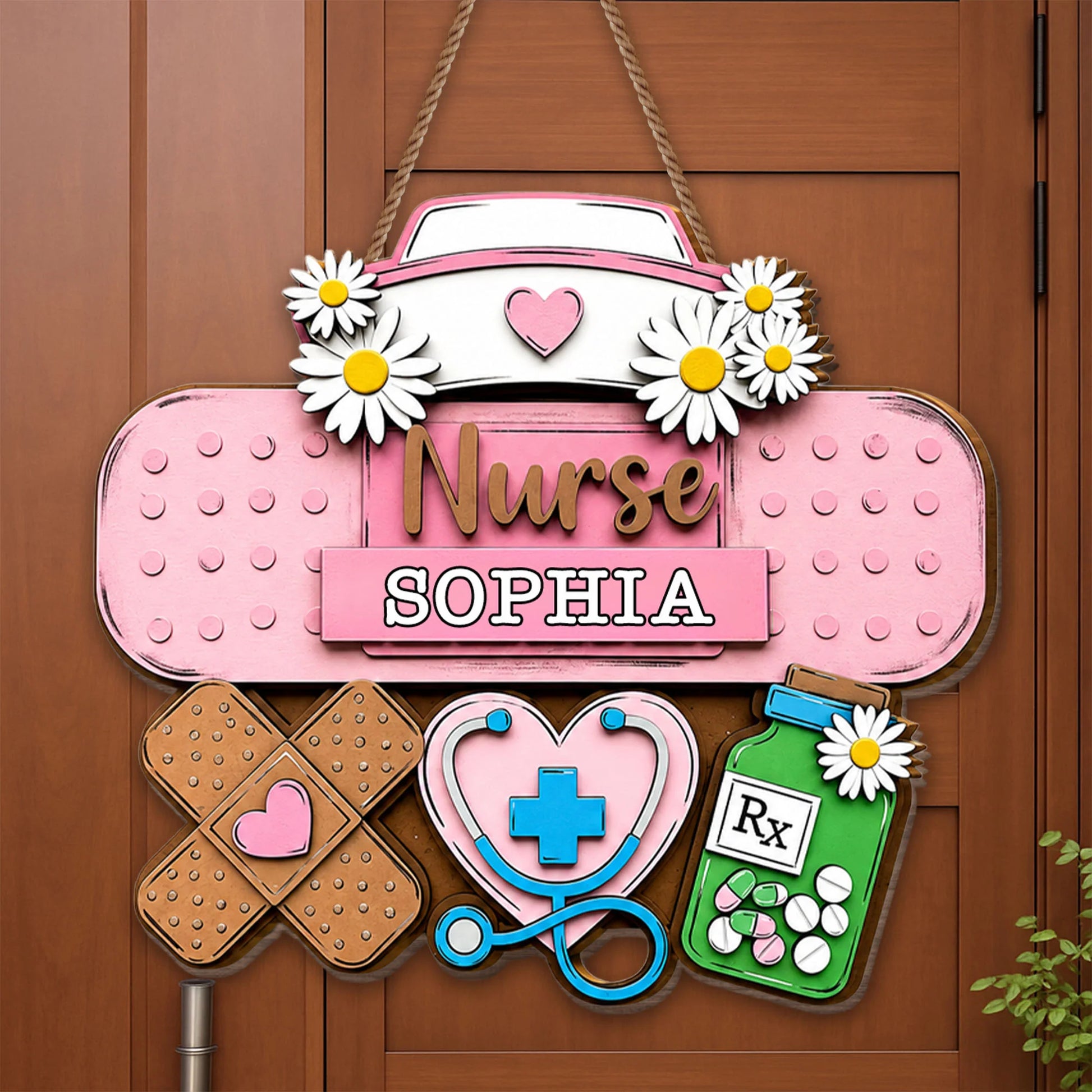 Wood Sign material and size view - Personalized Nurse Daisy Stethoscope Custom Wood Sign