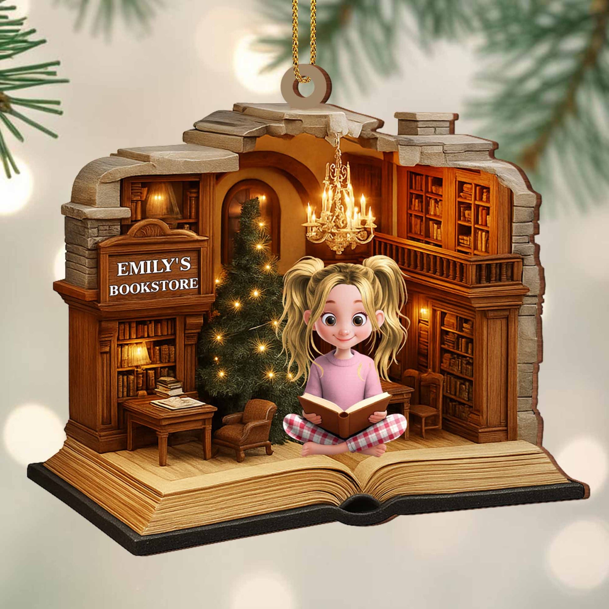Wooden Ornament material and size view - Personalized Library Scene Custom Wood Ornament