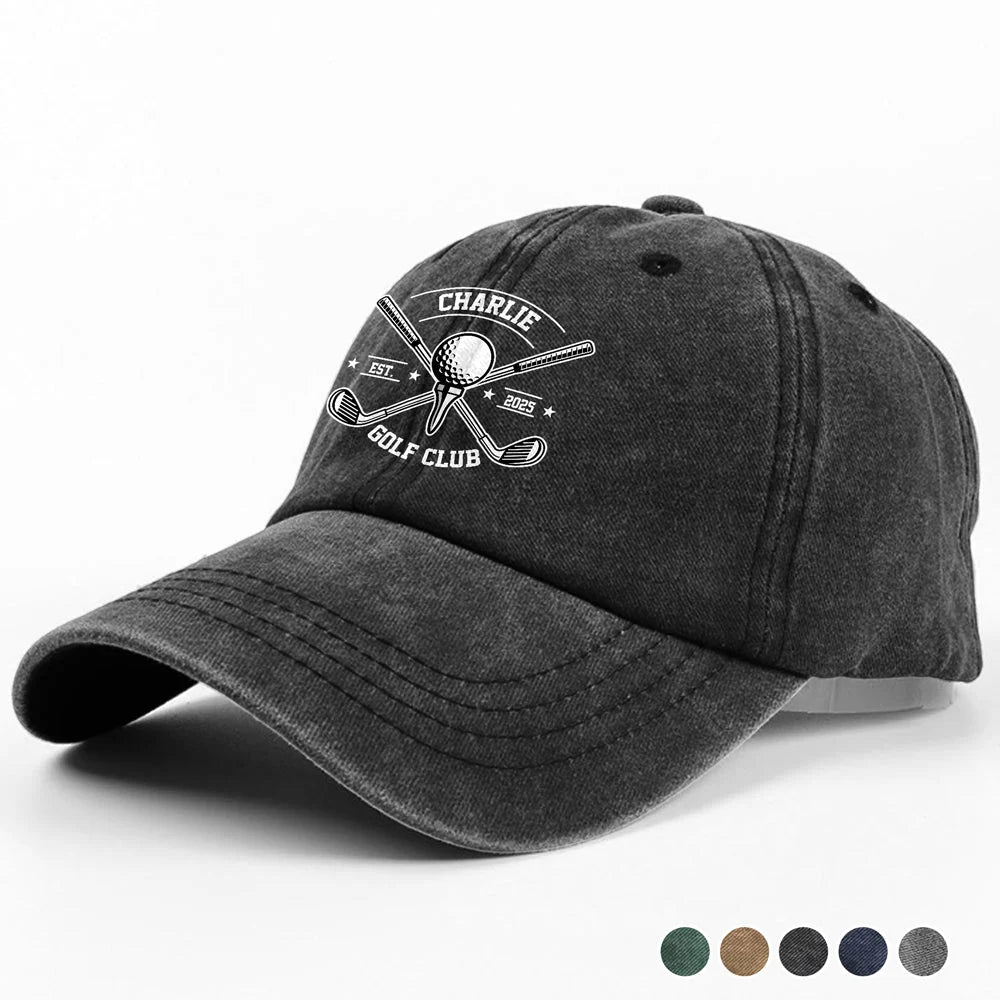 Custom Golf Club Name Washed Denim Baseball Cap - Personalized Golf Hat for Dad