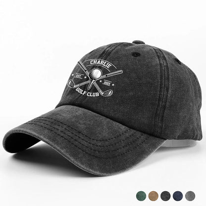 Custom Golf Club Name Washed Denim Baseball Cap - Personalized Golf Hat for Dad
