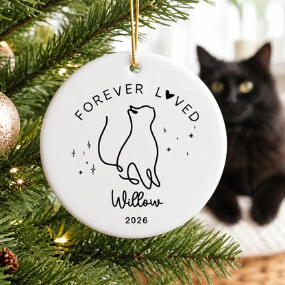 Forever Loved Personalized Cat Memorial Ceramic Ornament - Custom Pet Loss Keepsake Gift for Cat Lovers