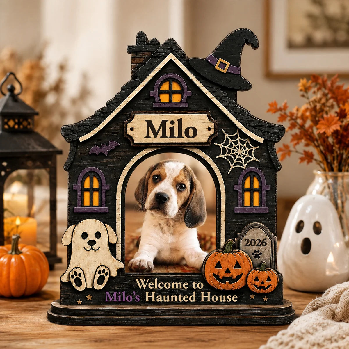 Welcome to Haunted House Personalized Wooden Block - Custom Halloween Dog Photo Gift