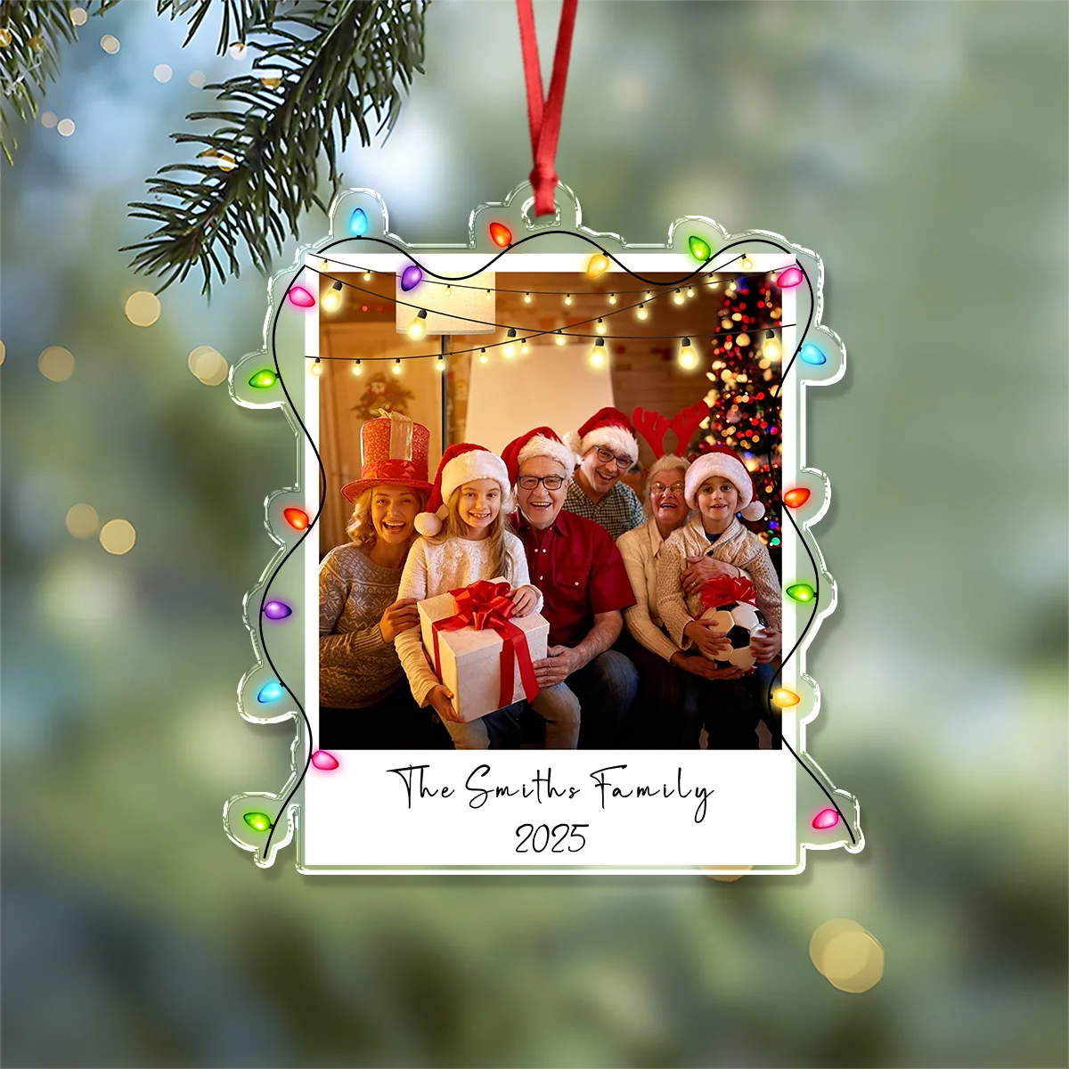 Custom Family Photo Christmas Light Acrylic Ornament - Personalized Holiday Keepsake Gift