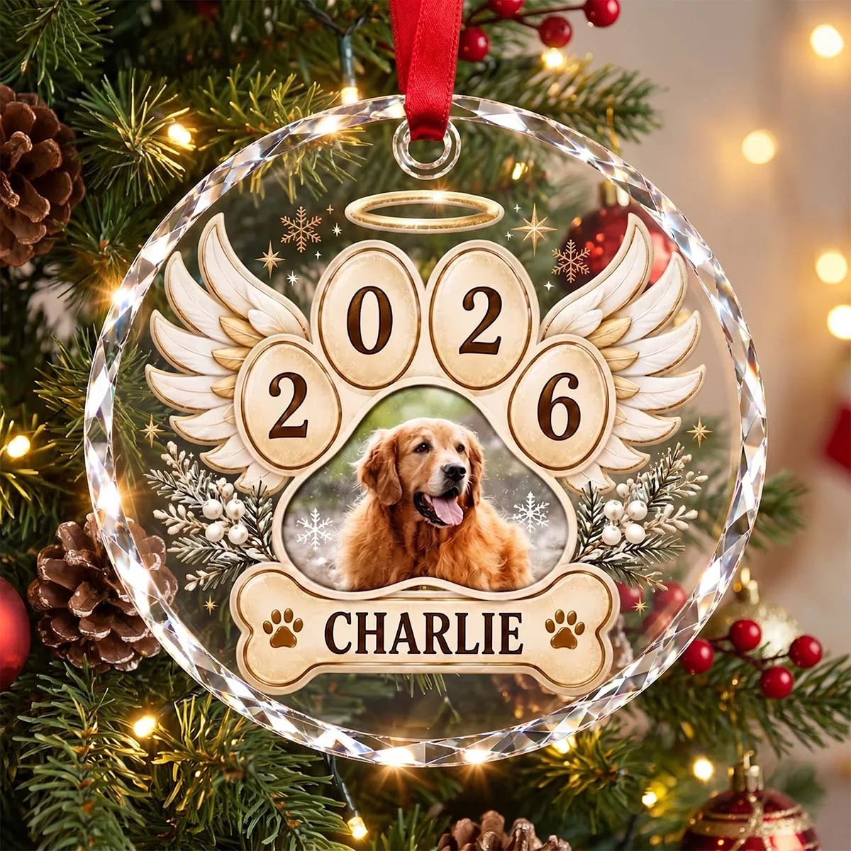Custom Photo Dog Memorial Glass Ornament - Personalized Pet Keepsake 2026 Christmas Gift