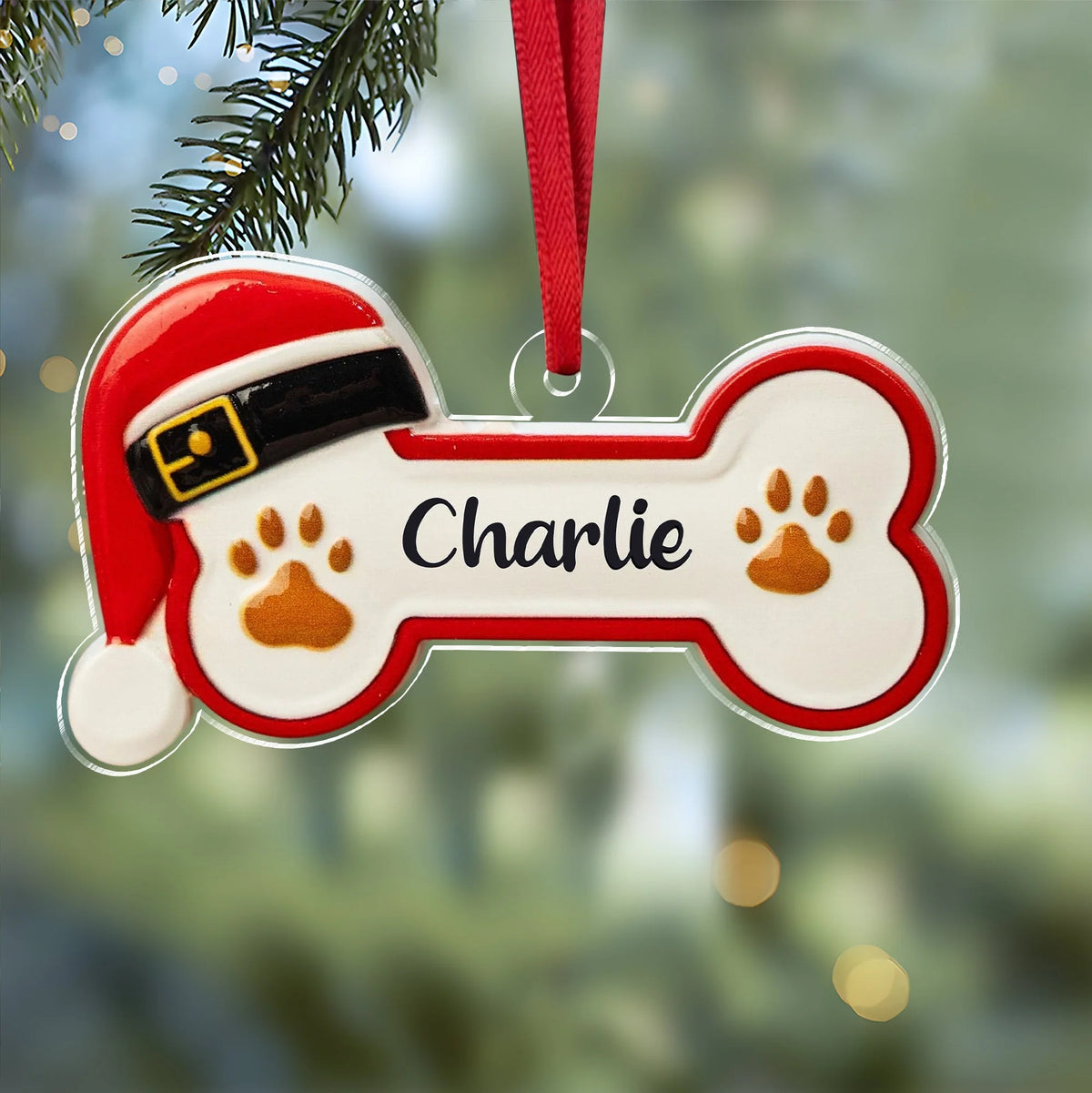 Custom Dog Bone Santa Hat Acrylic Ornament - Personalized Christmas Keepsake for Dog Lovers