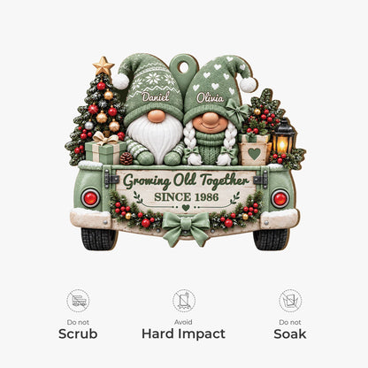 Growing Old Together Personalized Gnome Truck Wooden Ornament - Keepsake for Couples