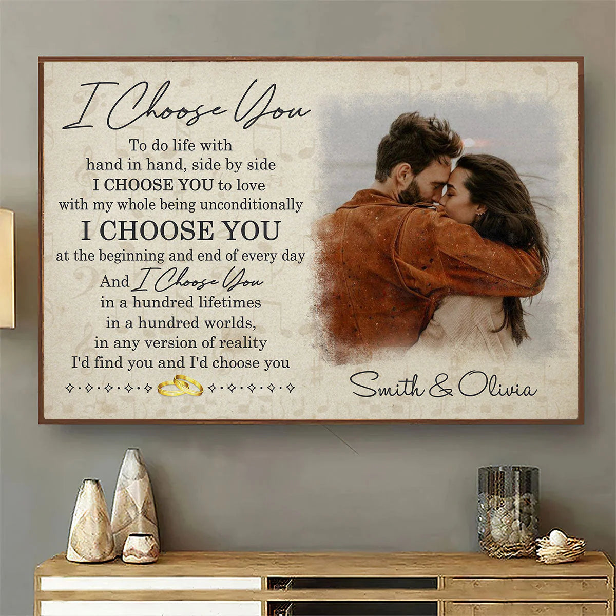 Personalized I Choose You couple canvas wall art with custom photo print and names, romantic anniversary gift