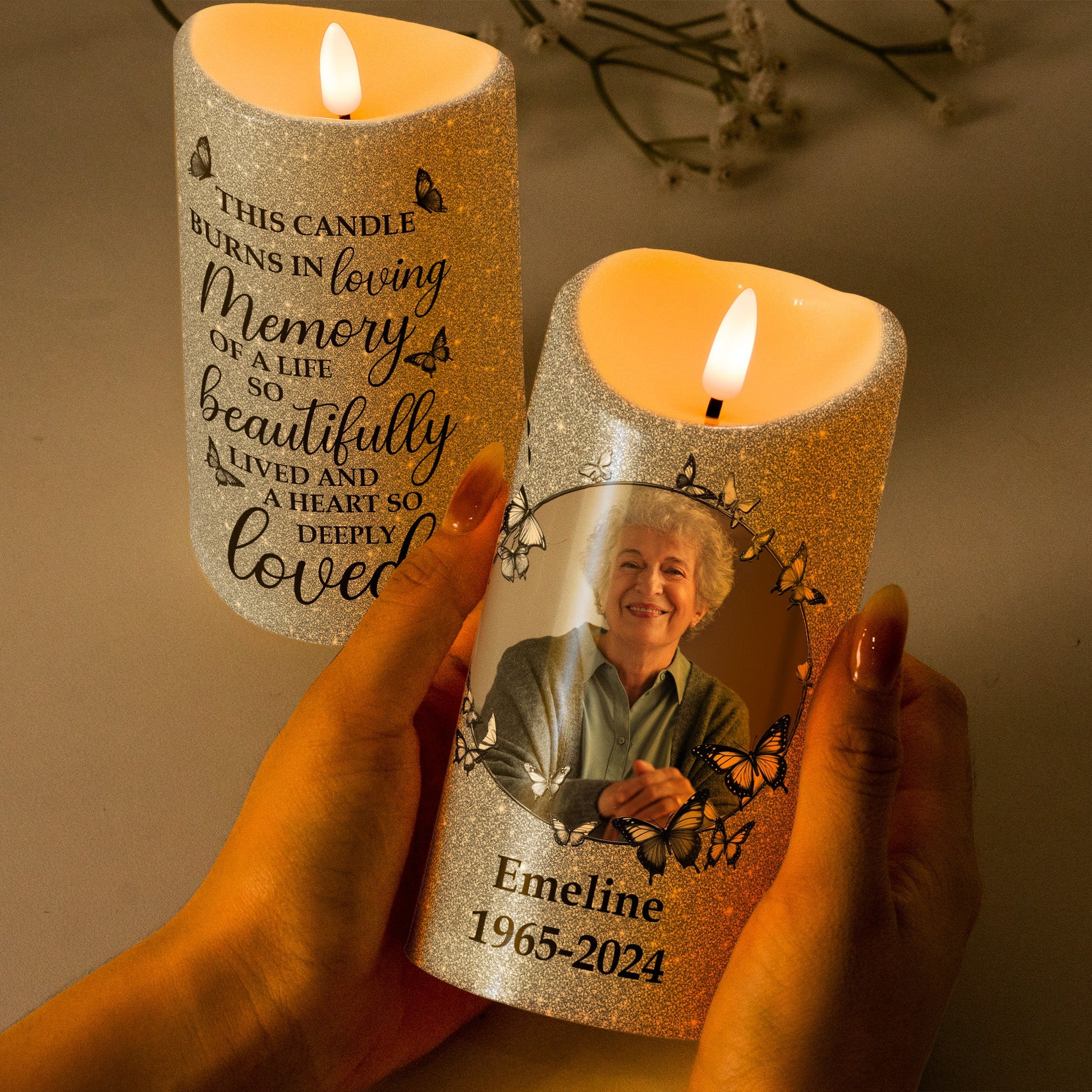 In Loving Memory Of A Life So Beautifully Lived - Personalized Photo Memorial LED Candle Keepsake