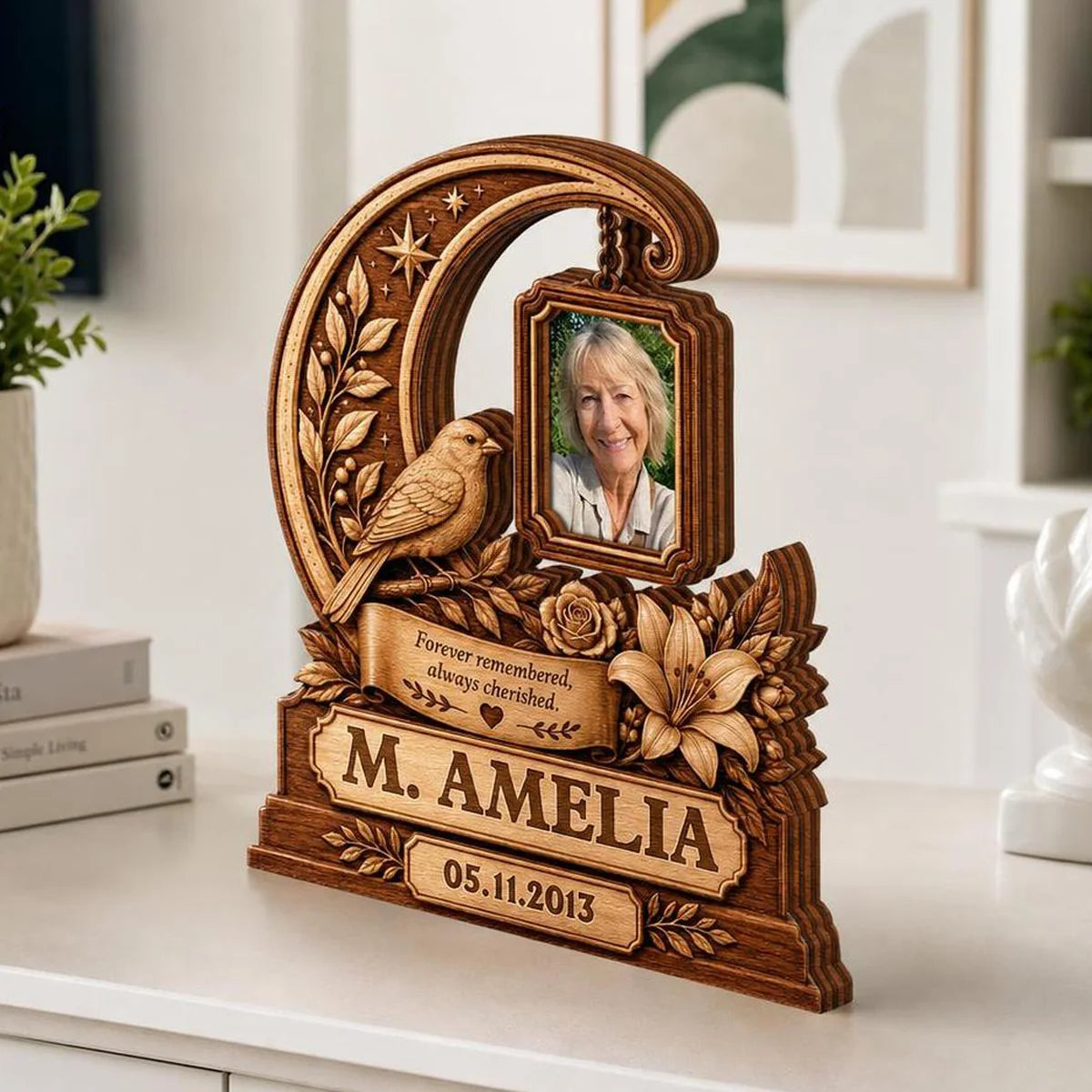"Forever Remembered Always Cherished" Personalized Memorial Wooden Block - Custom Photo Sympathy Keepsake Gift for Family