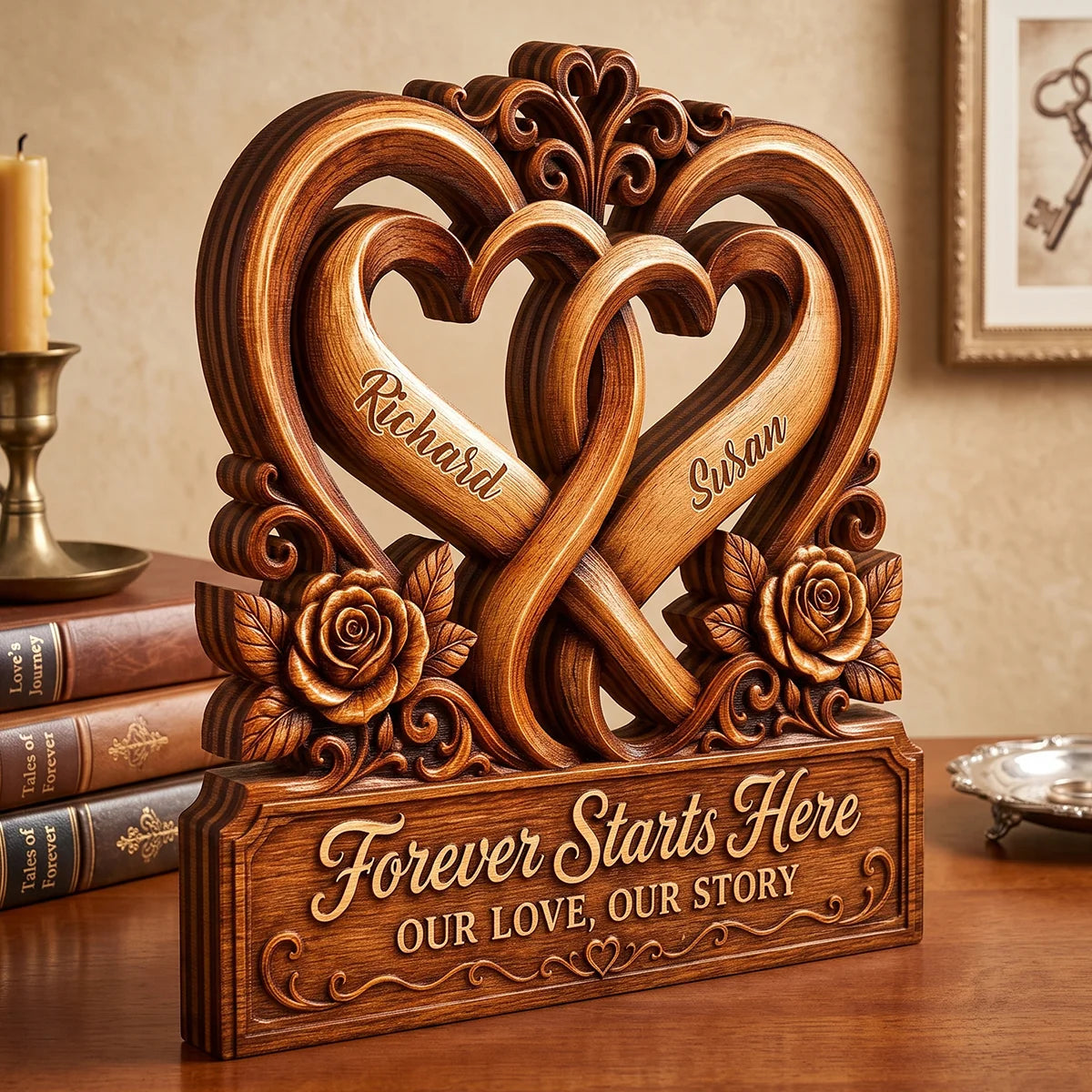 "Forever Starts Here" Personalized Interlocking Hearts Wooden Block - Anniversary Gift for Couples