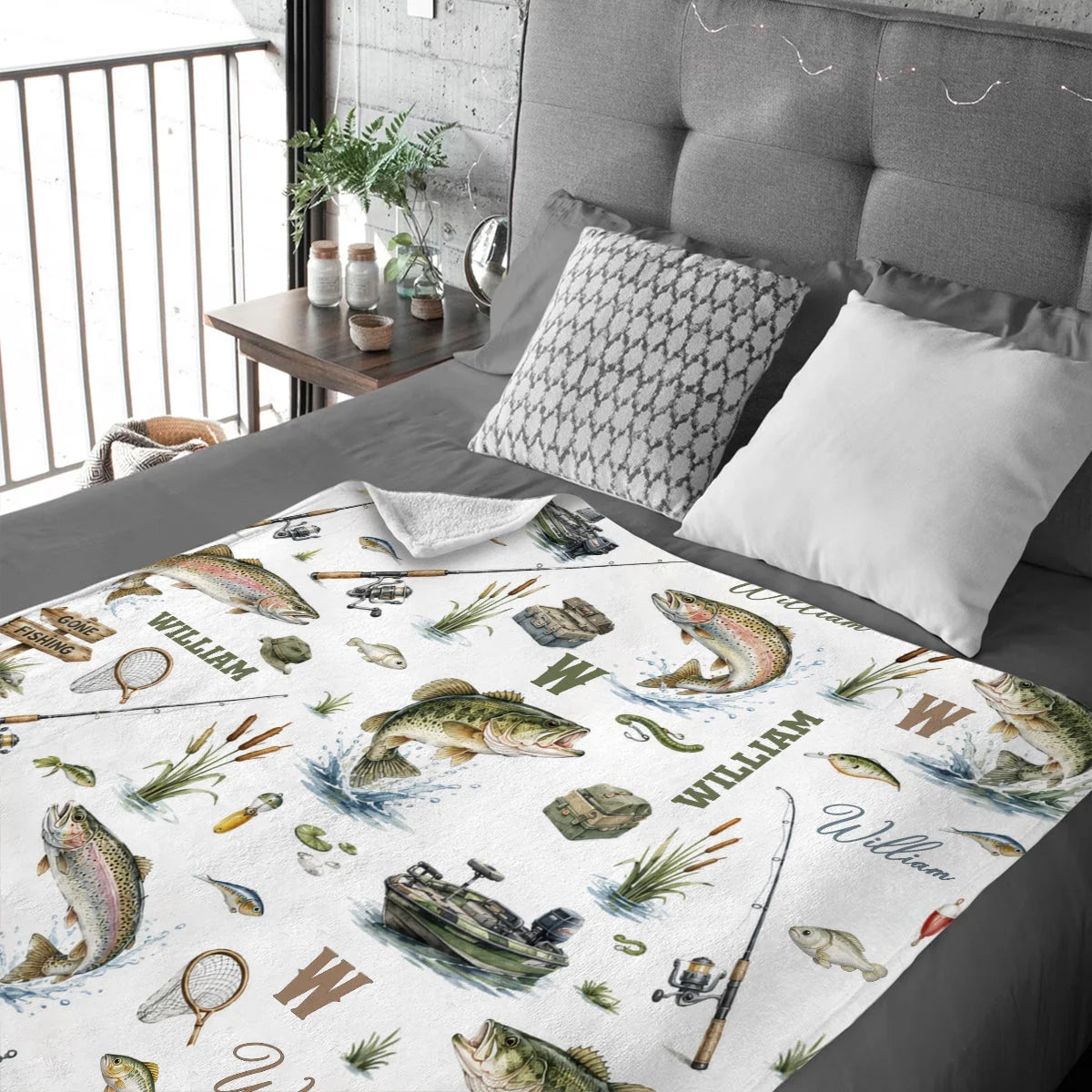 Personalized baby fishing blanket featuring bass and trout design with custom name for nursery decor gift image 6