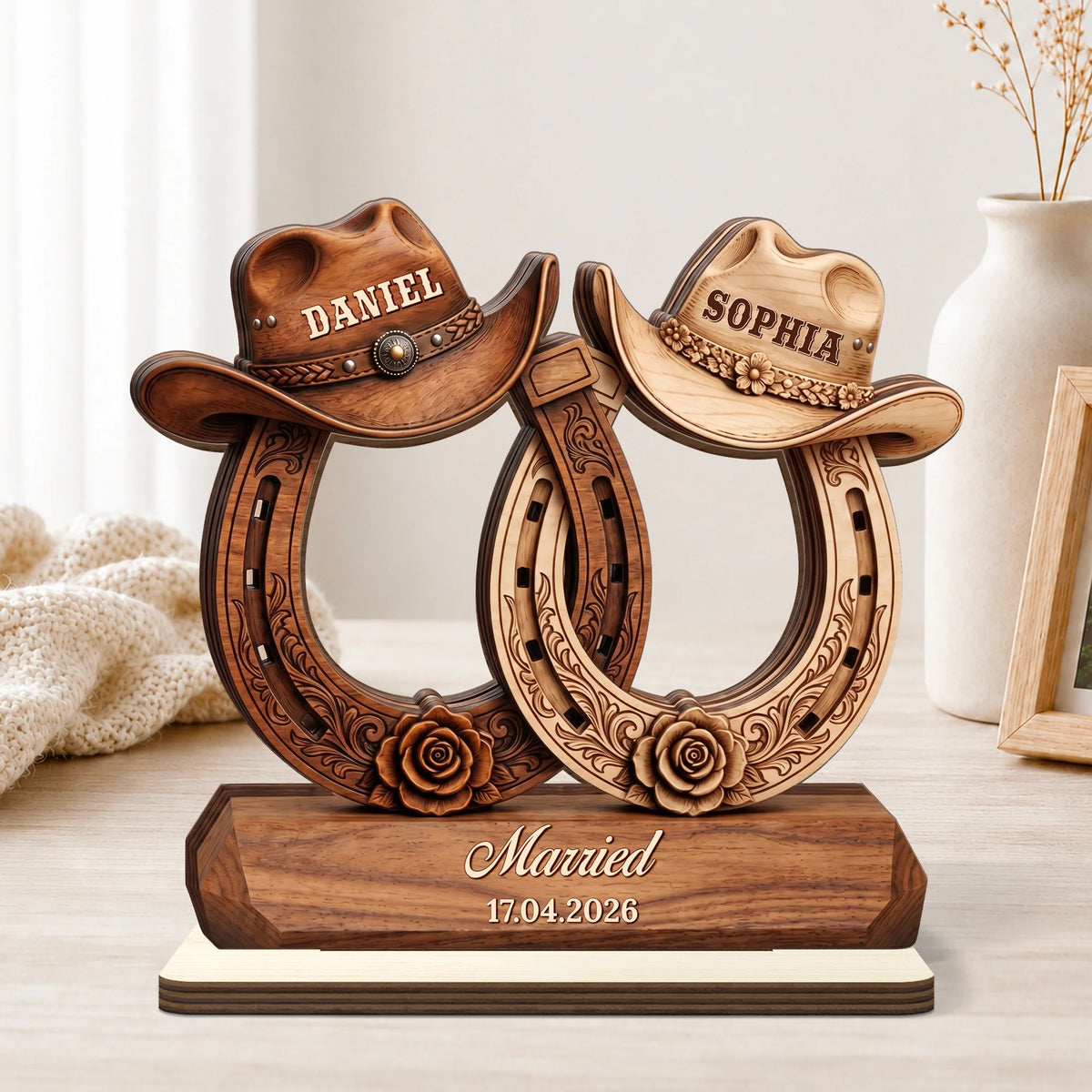 Personalized Western Horseshoe Wooden Plaque - Custom Cowboy Hat Engagement Keepsake Gift for Couples