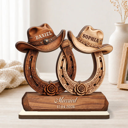 Personalized Western Horseshoe Wooden Plaque - Custom Cowboy Hat Engagement Keepsake Gift for Couples