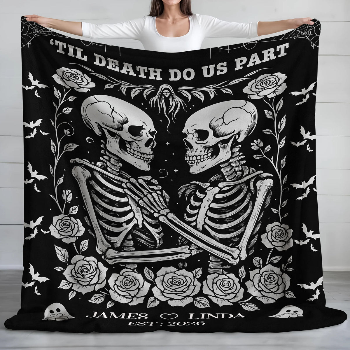 'Til Death Do Us Part Personalized Skeleton Couple Blanket - Custom Gothic Wedding Gift for Couples