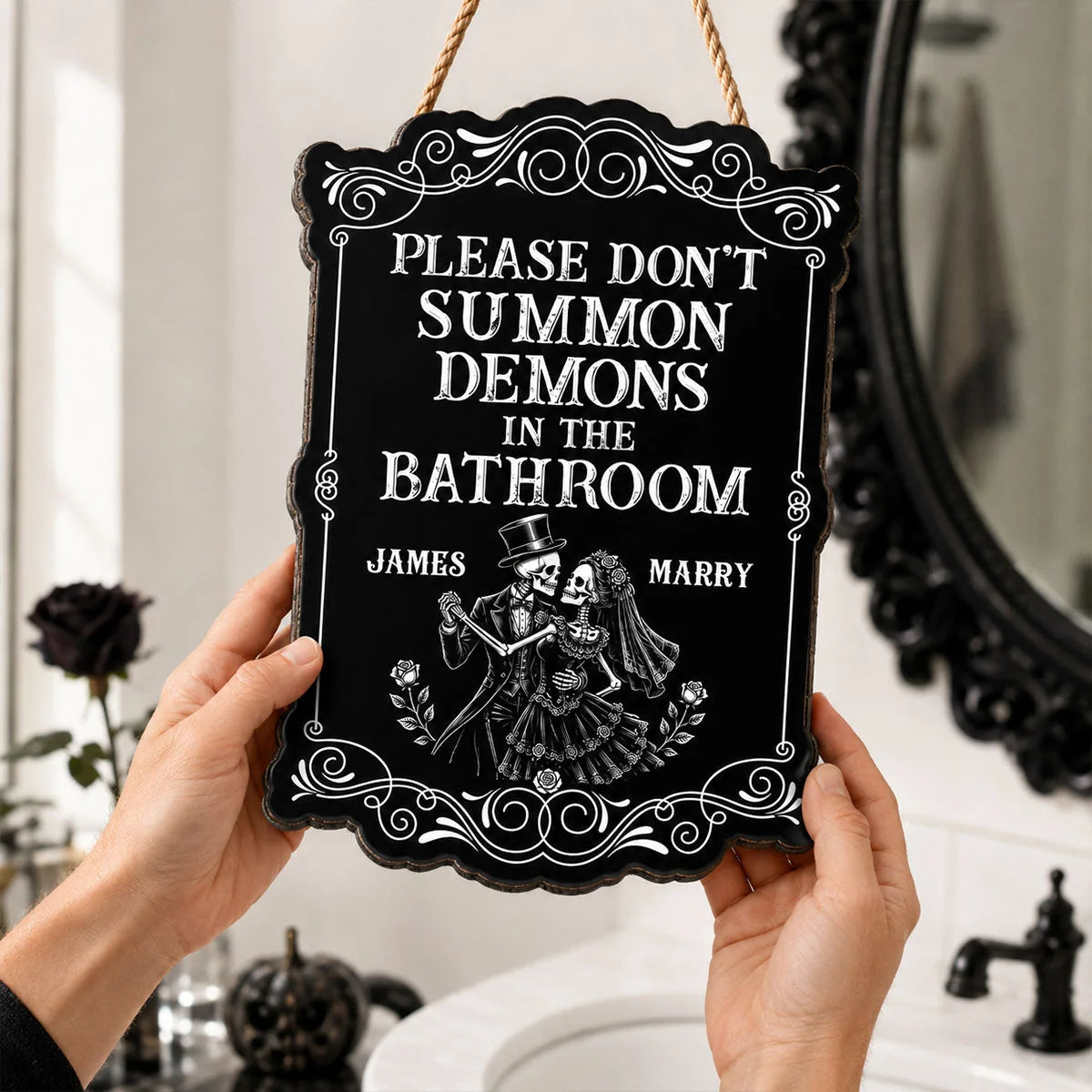 Please Don't Summon Demons In The Bathroom - Personalized Gothic Skeleton Couple Wood Sign for Halloween Decor