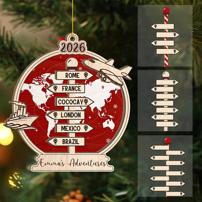 Personalized Travel Adventure Wooden Ornament - Custom World Vacation Signpost Keepsake for Family