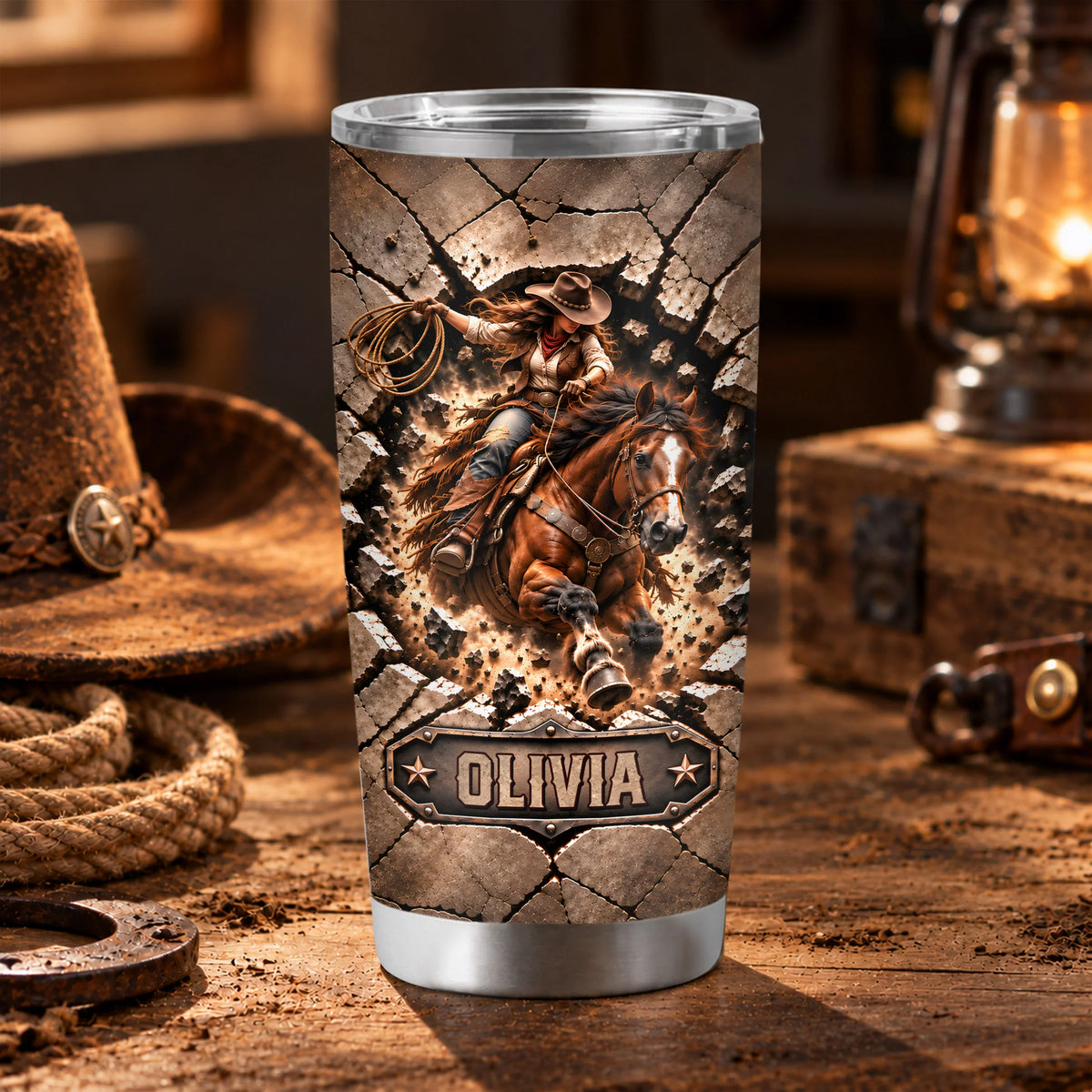Western Riding Art Personalized Horse Tumbler - Custom Name Birthday Gift for Horse Lovers