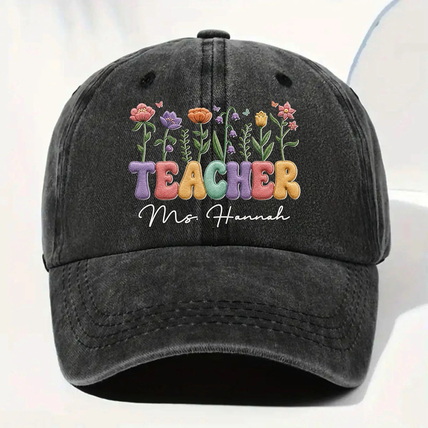 Personalized teacher floral washed denim cap with custom name print - unique appreciation gift for educators