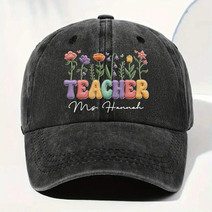 Personalized teacher floral washed denim cap with custom name print - unique appreciation gift for educators