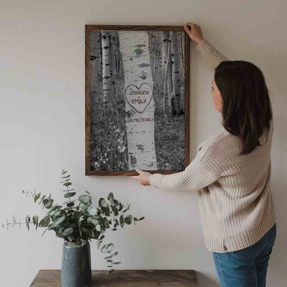 Custom Birch Tree Carving Canvas / Poster Art - Personalized Couple Names Wall Decor for Anniversary