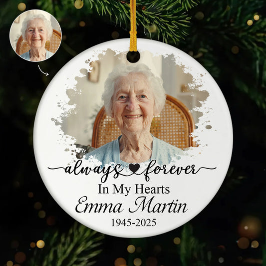 "Forever In Our Hearts" Personalized Memorial Photo Ceramic Ornament - Custom Keepsake Gift for Family