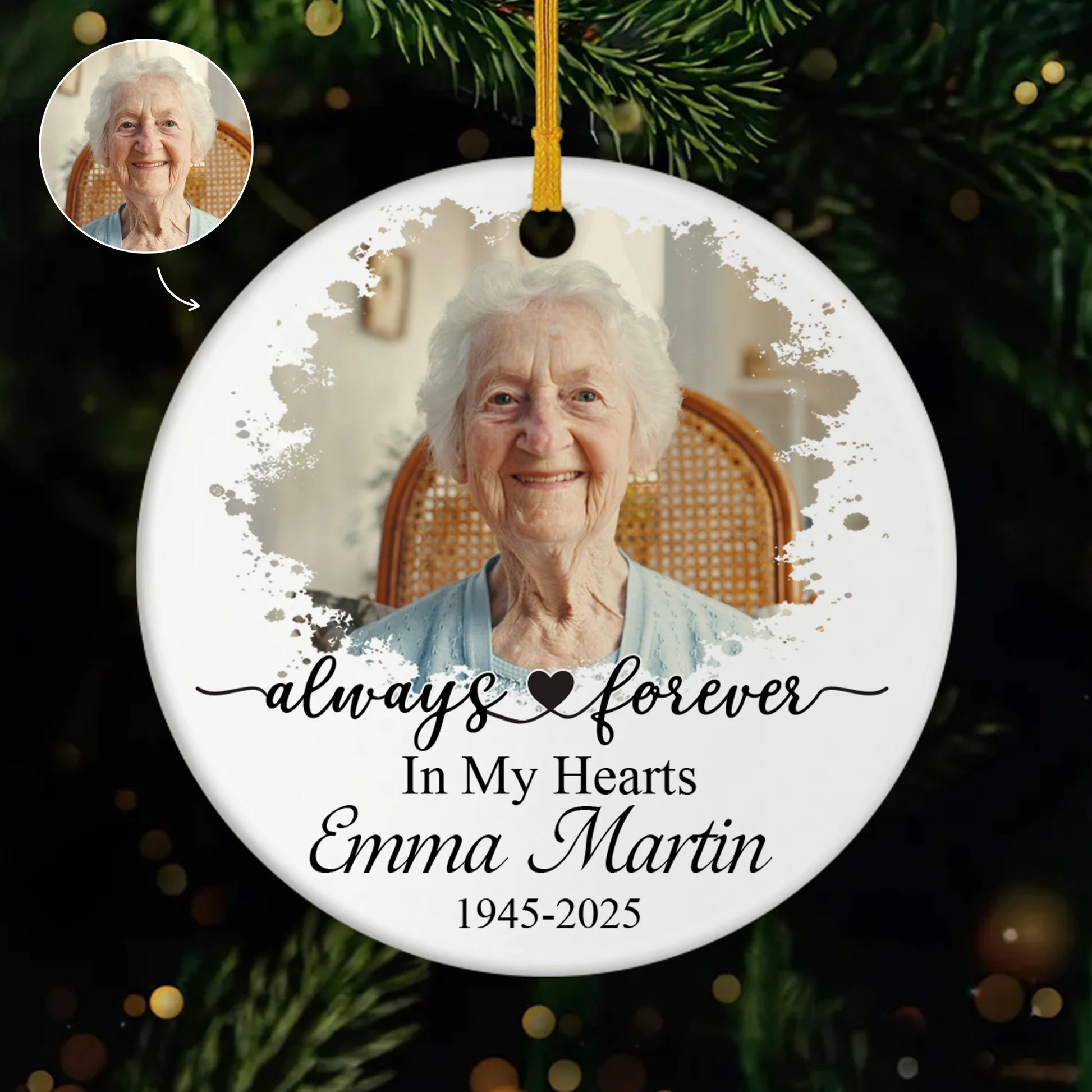 "Forever In Our Hearts" Personalized Memorial Photo Ceramic Ornament - Custom Keepsake Gift for Family