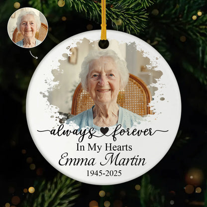 "Forever In Our Hearts" Personalized Memorial Photo Ceramic Ornament - Custom Keepsake Gift for Family