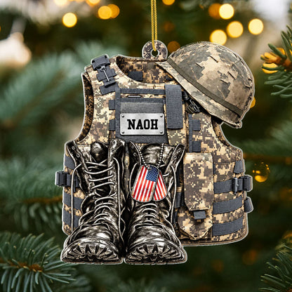Tactical Vest & Boots Personalized Acrylic Ornament - Custom Keepsake Gift for Military Veterans