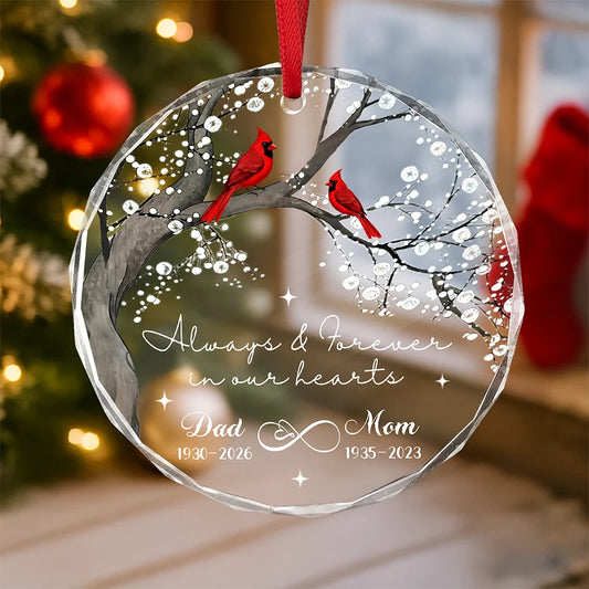 Always & Forever In Our Hearts Personalized Glass Ornament - Memorial Keepsake for Parents
