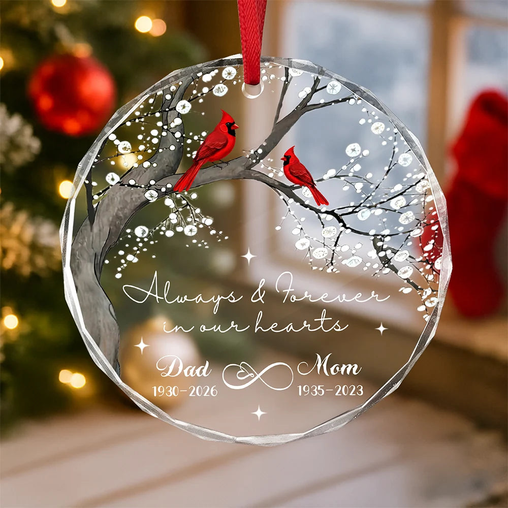 Always & Forever In Our Hearts Personalized Glass Ornament - Memorial Keepsake for Parents