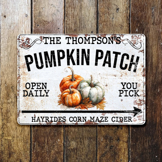 Personalized fall pumpkin patch metal sign with custom family name print for home seasonal decor