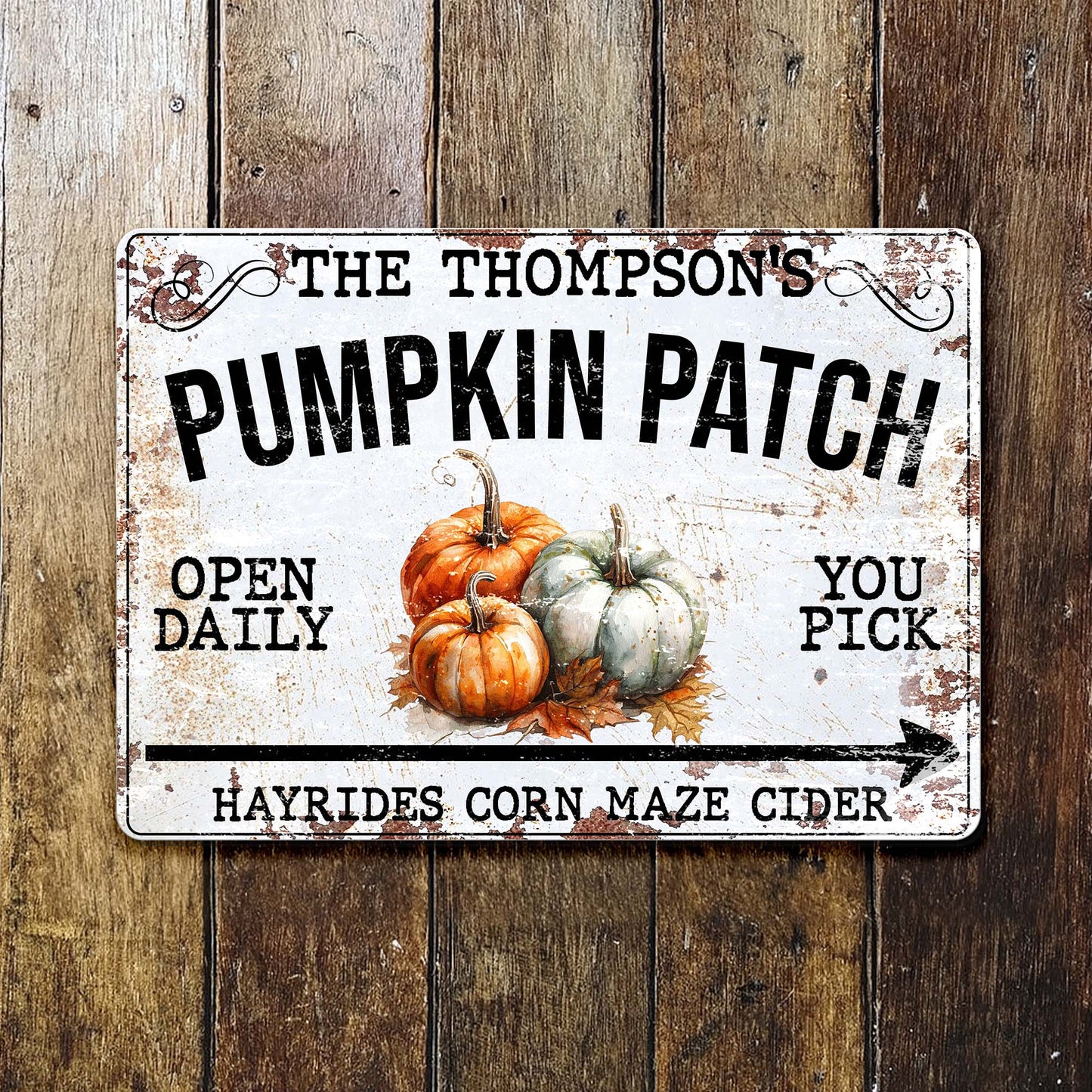 Personalized fall pumpkin patch metal sign with custom family name print for home seasonal decor