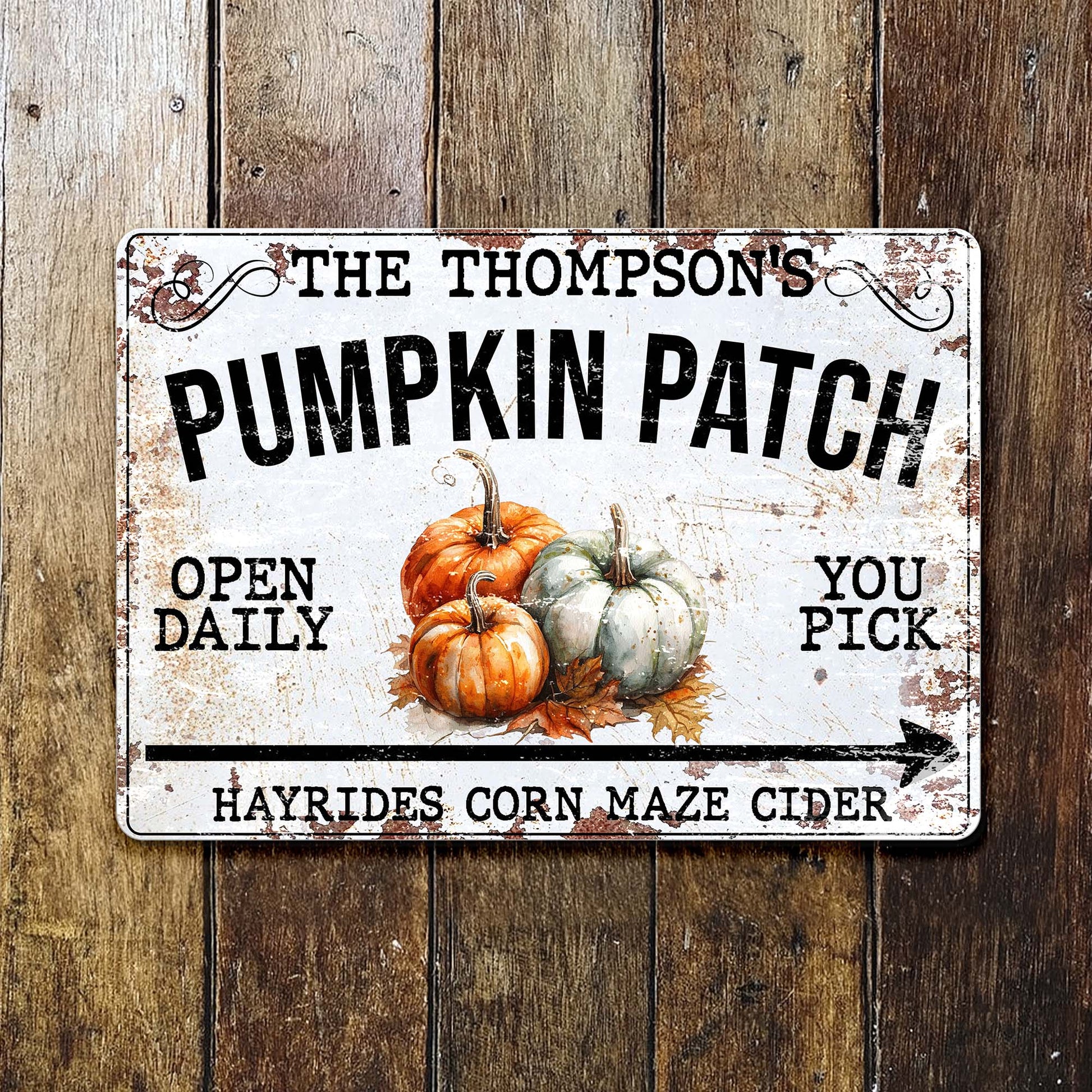 Personalized fall pumpkin patch metal sign with custom family name print for home seasonal decor