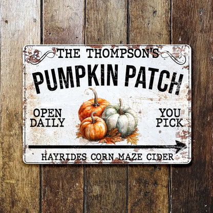 Personalized fall pumpkin patch metal sign with custom family name print for home seasonal decor