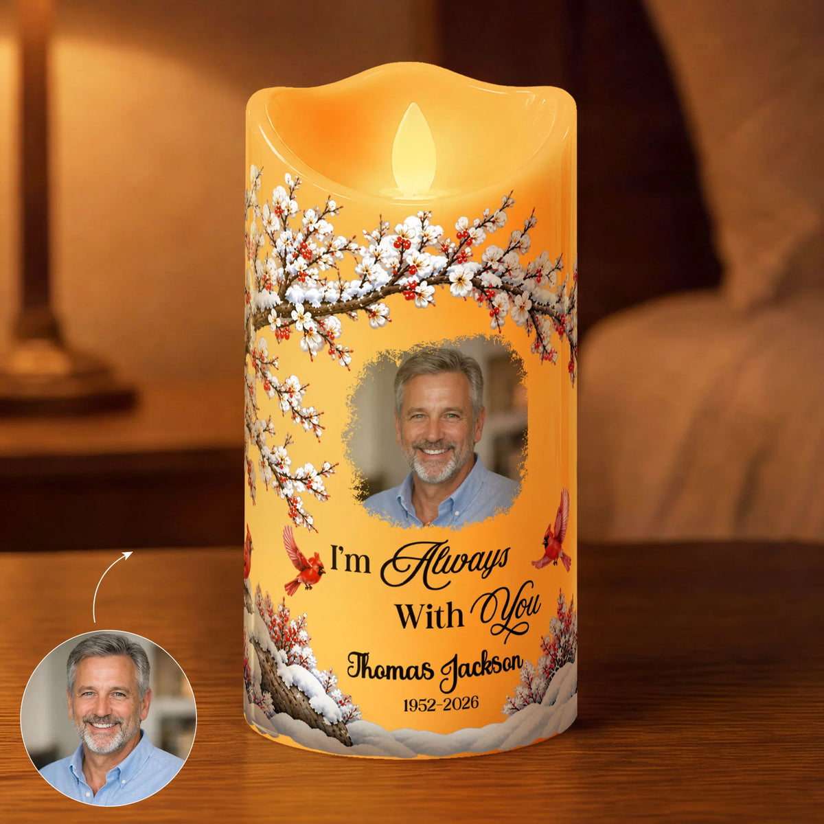 "I'm Always With You" Personalized Memorial Photo LED Candle - Bereavement Gift for Family