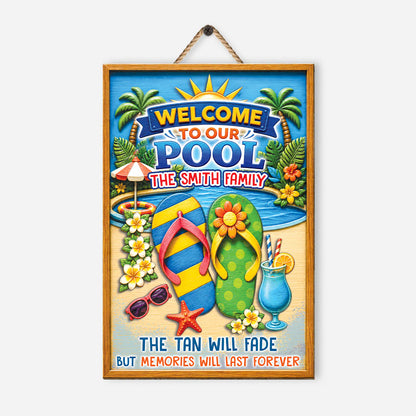 Personalized family pool wood sign with custom name, flip flops, and summer cocktail print.
