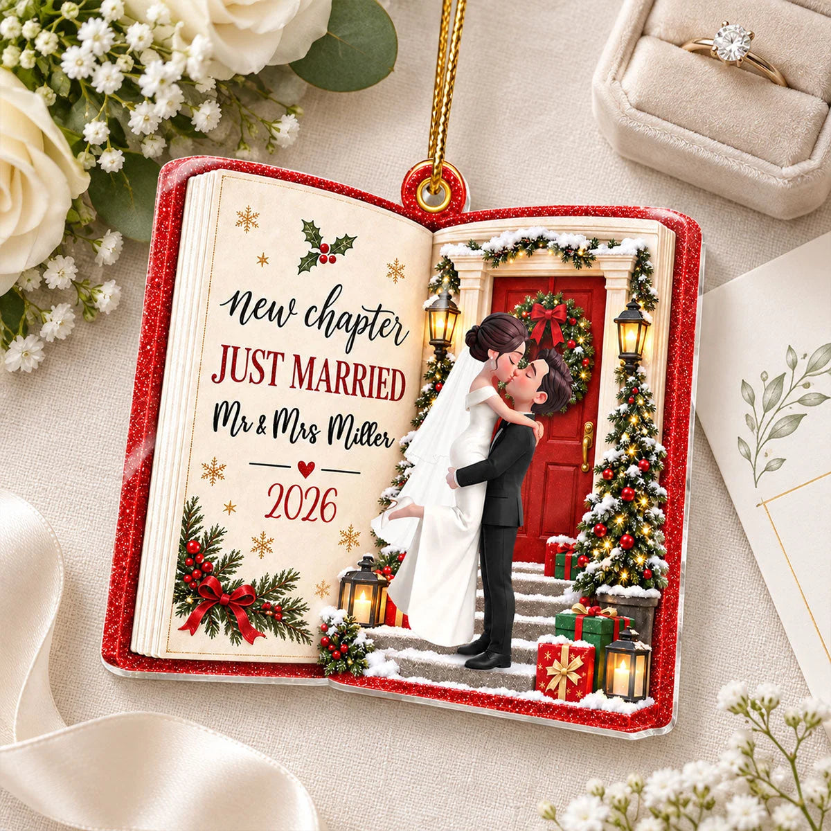 "New Chapter Just Married" Personalized Acrylic Ornament - First Christmas Gift for Couples