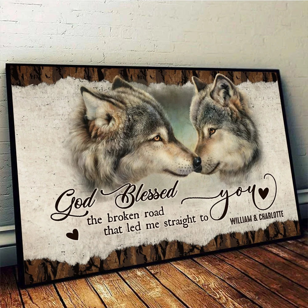 Personalized wolf couple canvas wall art printed with God Blessed The Broken Road for anniversary gift image 6