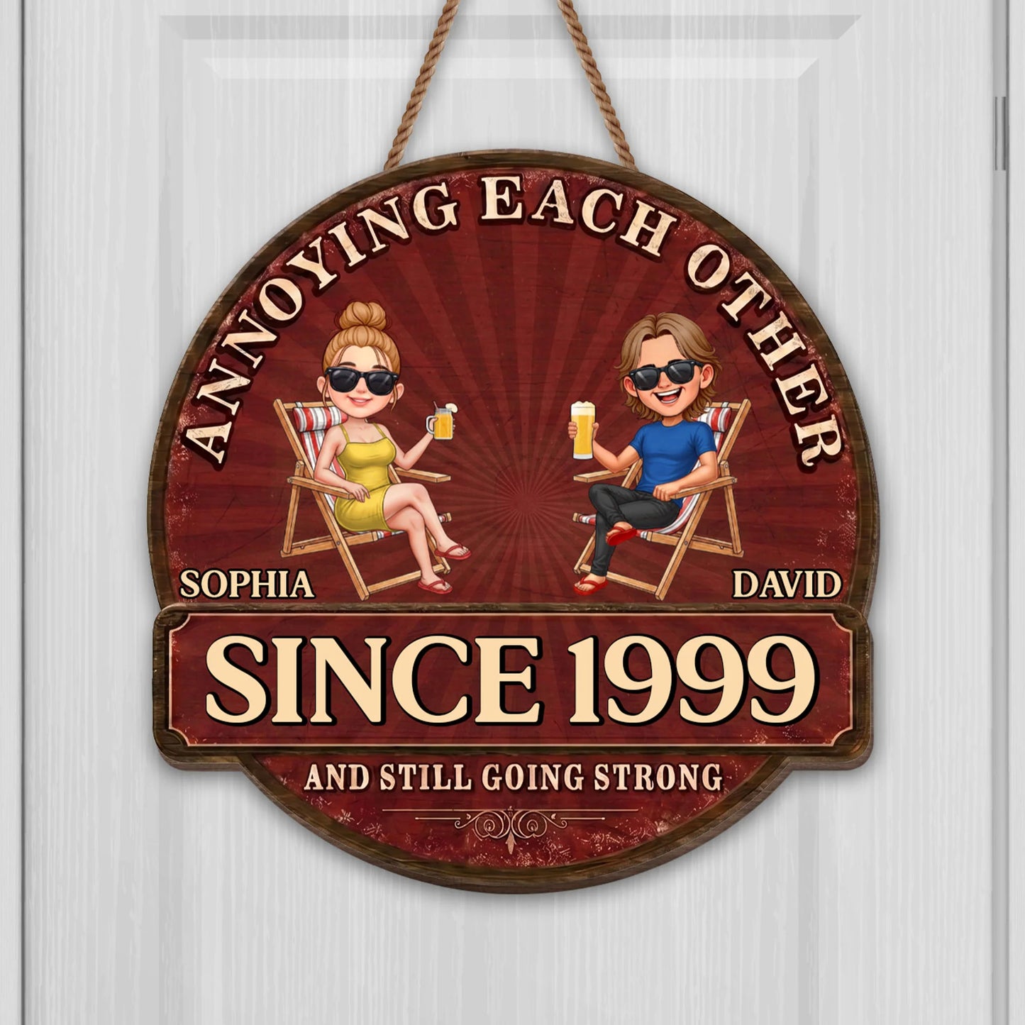 Personalized couple wood sign featuring a custom cartoon illustration on beach chairs with rustic details