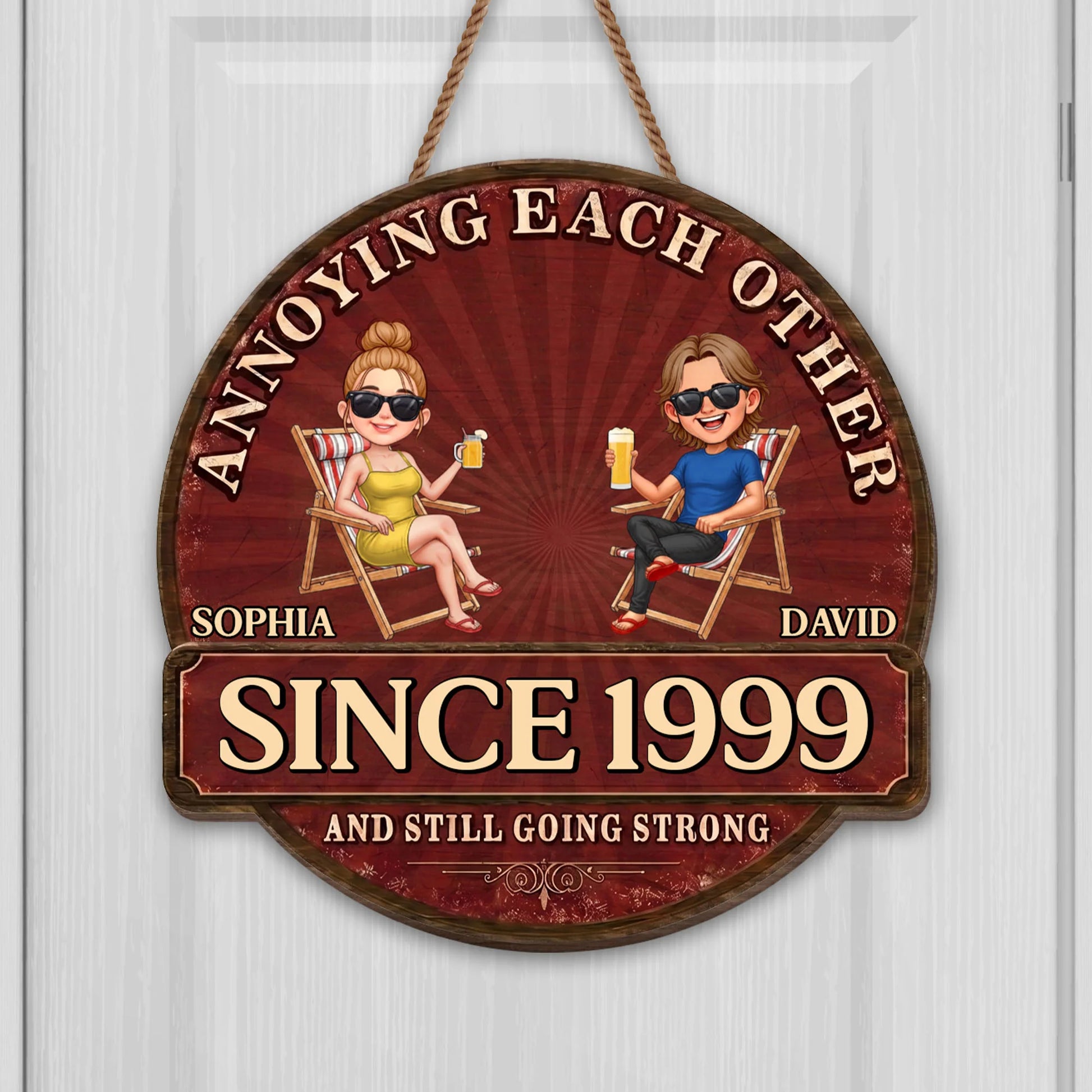 Personalized couple wood sign featuring a custom cartoon illustration on beach chairs with rustic details