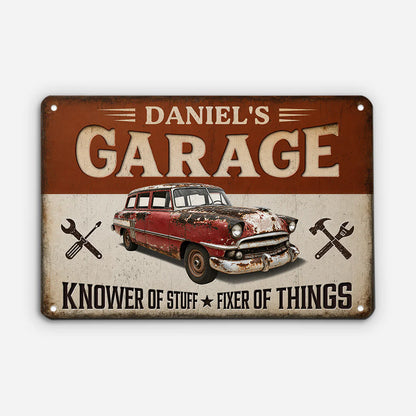 Custom garage metal sign featuring vintage car and Knower of Stuff Fixer of Things print for him