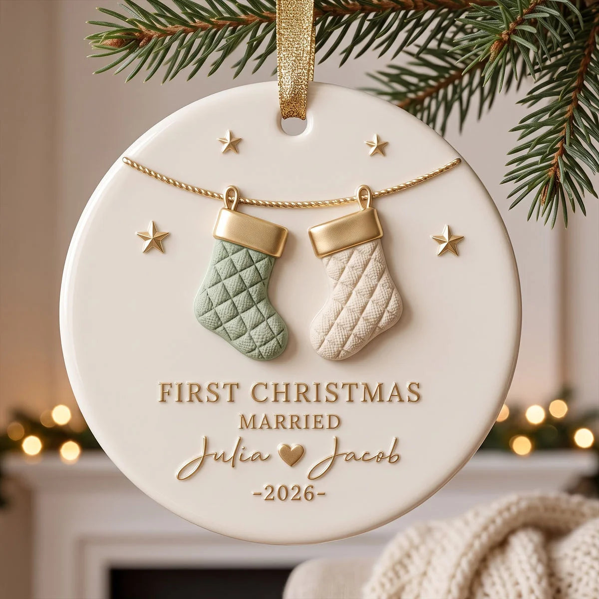 First Christmas Married Personalized Ceramic Ornament - Keepsake Gift for Newlywed Couples