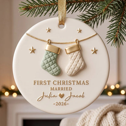 First Christmas Married Personalized Ceramic Ornament - Keepsake Gift for Newlywed Couples