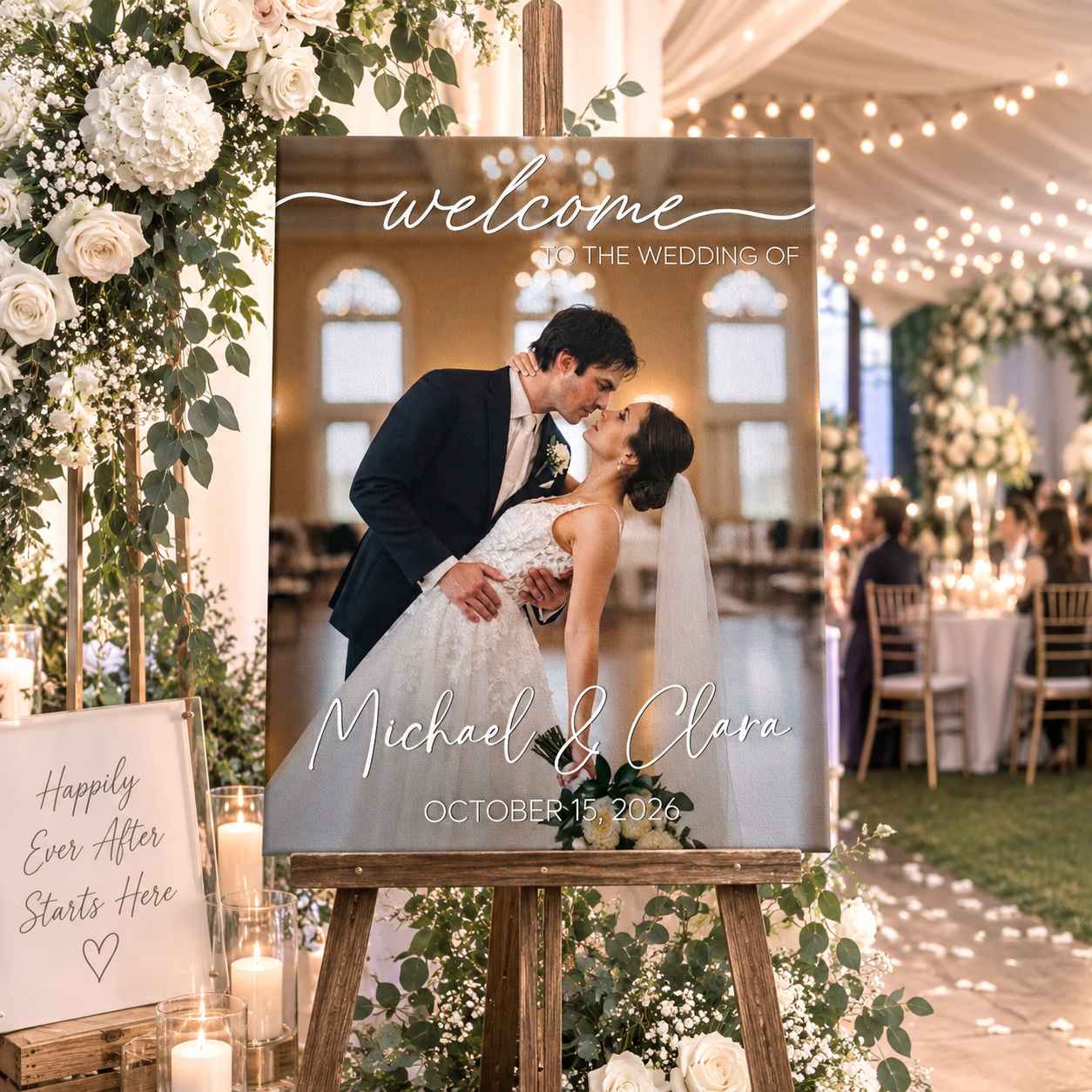 Custom wedding welcome canvas with photo, bride and groom names, and date on entry easel