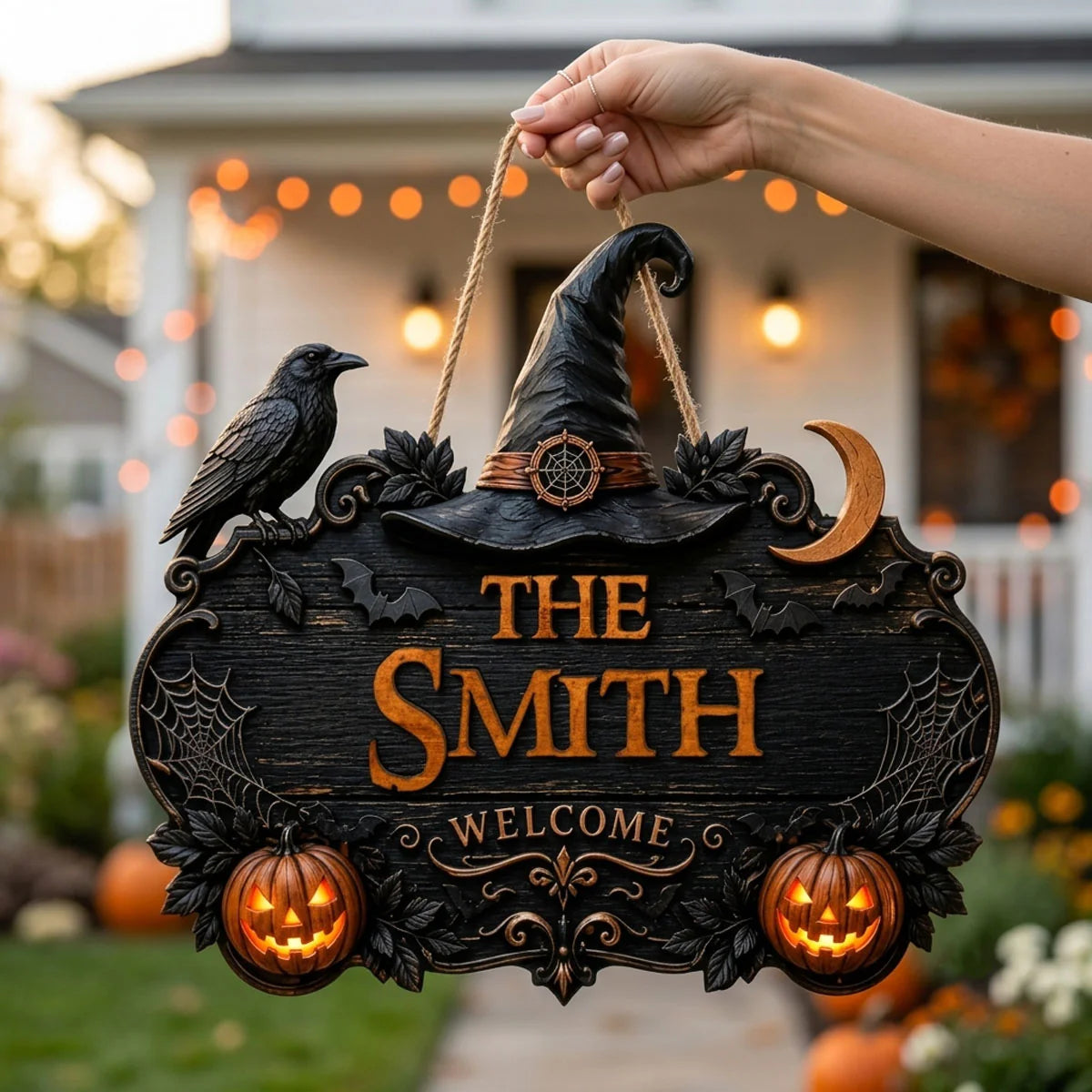 Personalized Halloween door sign with custom family name, witch hat, crow, and glowing jack-o-lanterns for porch decor image 6